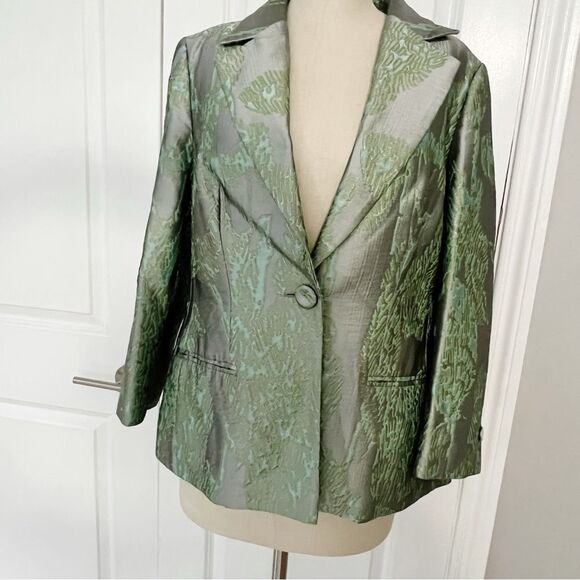 Escada Pant Suit Blazer Jacket Green Silver Metallic Floral Size 44 XL - Picture 3 of 14
